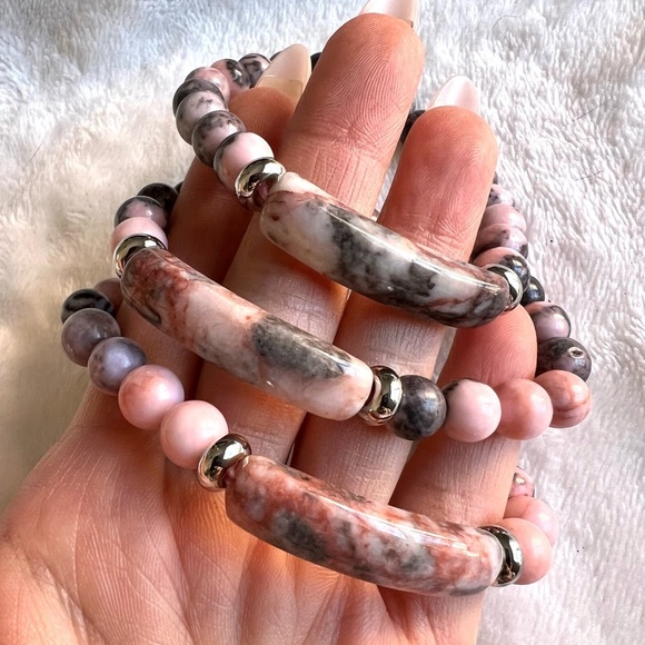 Mahogany Obsidian, Dalmatian Jasper, Pink Zebra, Lepidolite Mala ID Bracelet - Picture 3 of 5